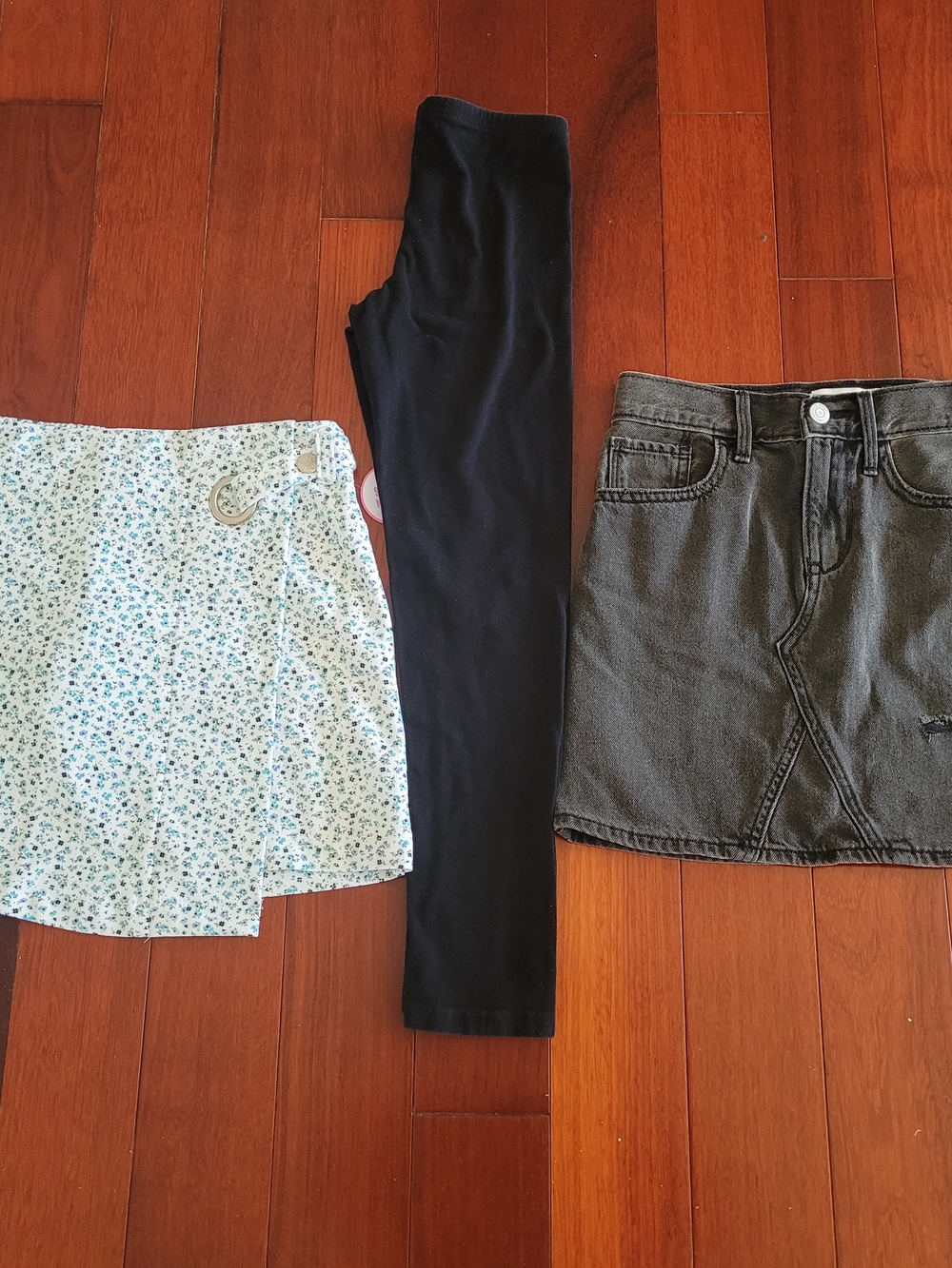 Justice Black Leggings with Floral Skort and Charcoal Denim Skirt